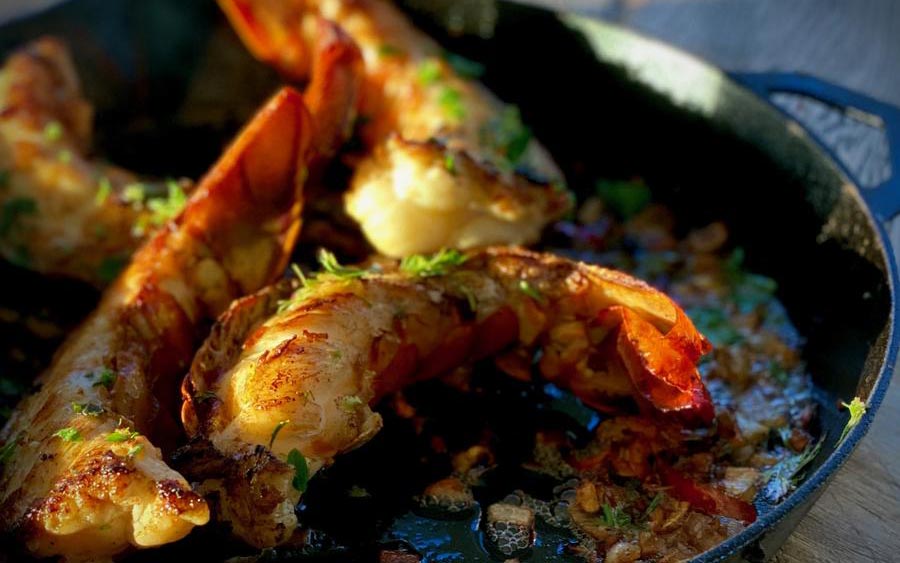 Crayfish tails in chimichurri butter with a smoked paprika and chilli glaze